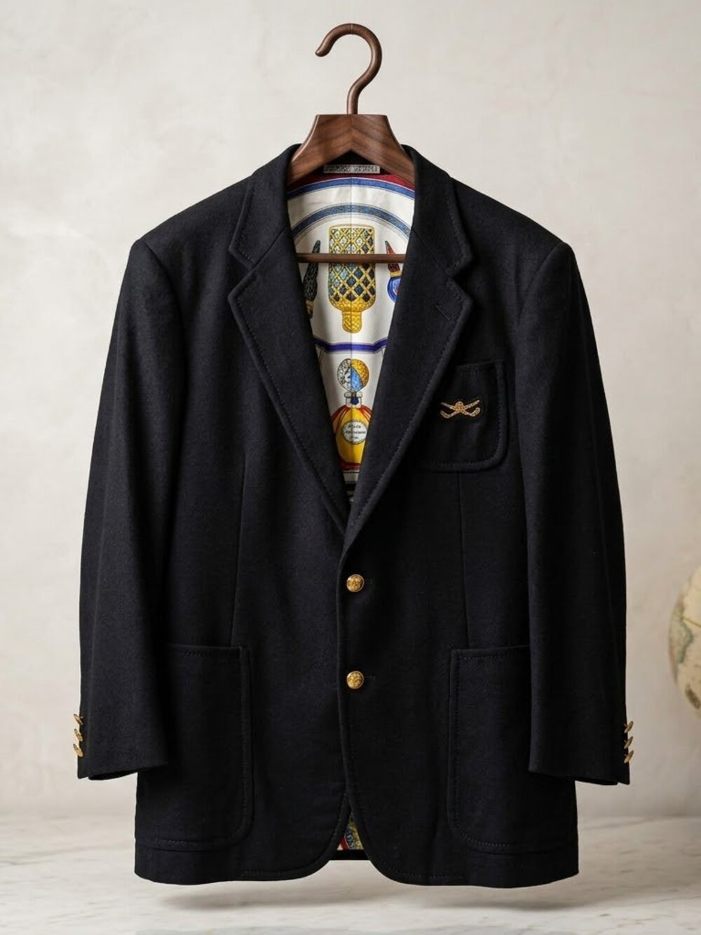 Hermès Silk Scarf Lined Bespoke Wool Blazer Jacket L 46